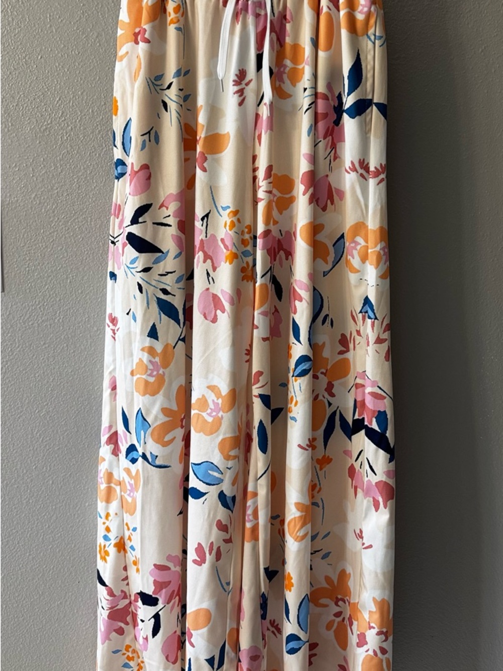 Cream Wide-Leg Palazzo Pants with Pink & Navy Floral Print